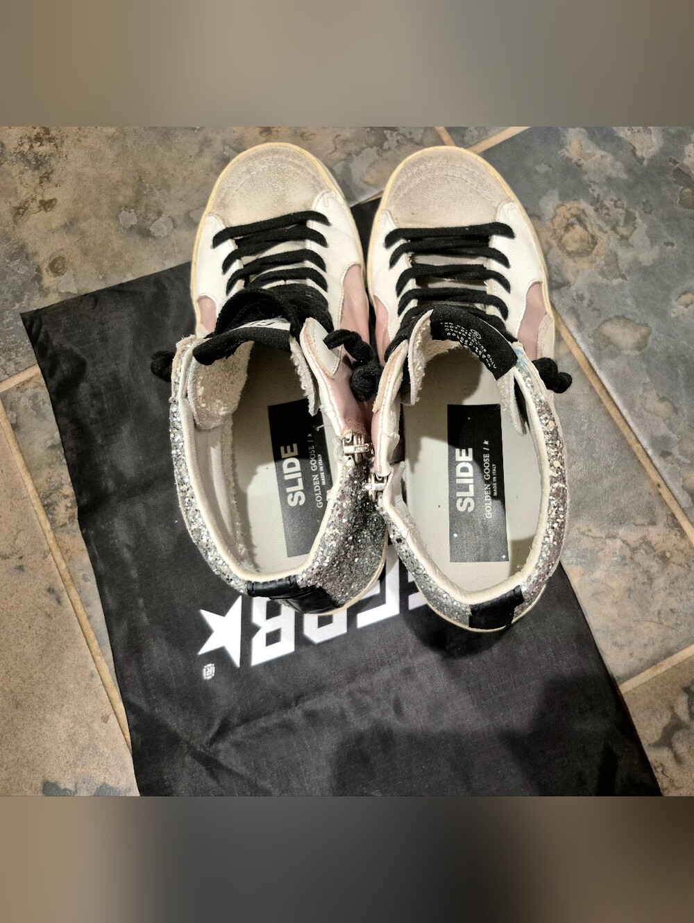 Authentic Golden Goose Leather Pink, White, Black Hi-Top Sneakers with Glitter